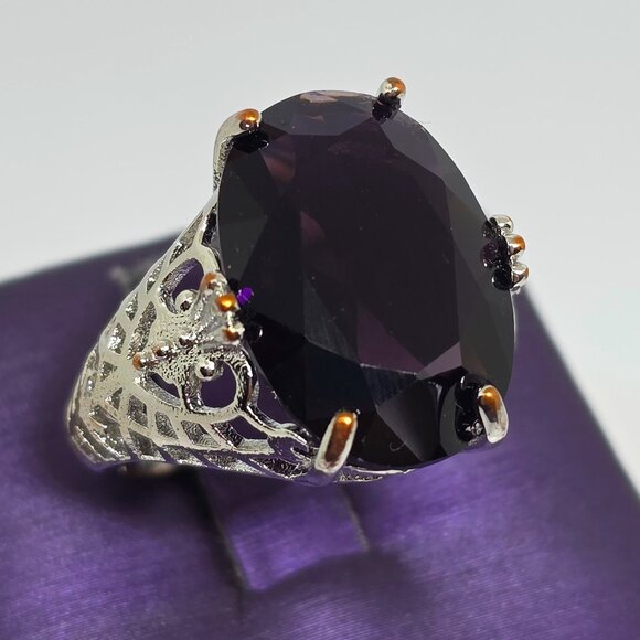 Stunning Oval Faceted Purple Stone Silver Filigree Victorian Style Ring - SZ 7 - Picture 11 of 13